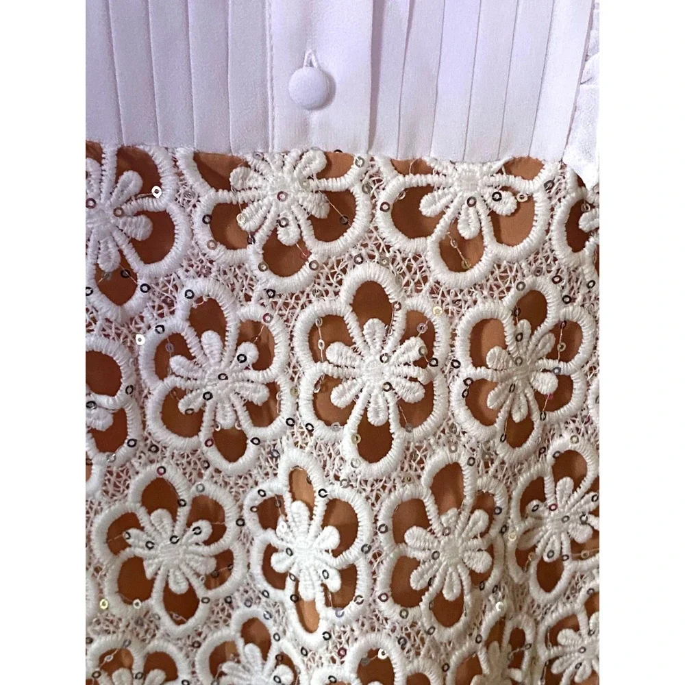 NWT MICHAEL KORS white Floral Lace Sequin Tuxedo Bib Midi Dress Short Sleeve L‎